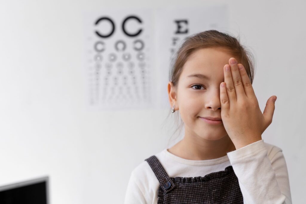 criança com a mão no olho e fazendo exames oftalmológicos com um oftalmologista